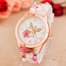 Wholesale-New Fashion Quartz Watch Rose Flower Print Silicone Watches Floral Jelly Sports Watches For Women Men Girls Hot Pink Wholesal 289W