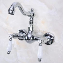 Kitchen Faucets Polished Chrome Swivel Spout Bathroom Basin Faucet / Wall Mounted Dual Handles Vessel Sink Mixer Taps Tnf959