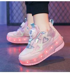 Children Two Girls Wheels Luminous Glowing Sneakers Heels Pink Led Light Roller Skate Shoes Kids Led Shoes USB Charging 240507
