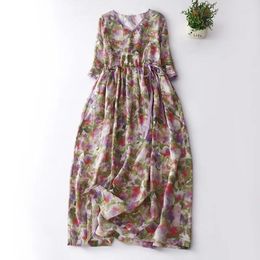 Casual Dresses Limiguyue Literary Floral Print V-neck Long Dress Women Summer Cotton Linen Loose Pockets A-Line Vintage Vestidos E445