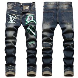 Men's Jeans European Letter AMIRIiocn Men Embroidery Patchwork Trend Brand Motorcycle Pants Mens Skinny Ripped AM3173 Size 29-38