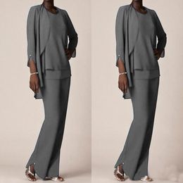 Grey Chiffon Formal Pant Suits For Mother Groom Dresses Evening Wear Long Mother of the Bride Dresses With Jackets Plus Size Custom 255g