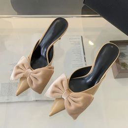 Liyke 2024 New Butterfly Knot Woman Pumps Slippers Sexy Pointed Toe Thin Heels Wedding Banquet Dress Mules Ladies Shoes Sandals