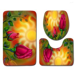 Bath Mats Red Rose Floral Bathroom Carpet Set Super Absorbent Mat Toilet Lid Washable Non-slip