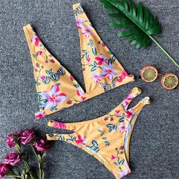 Women's Swimwear Yellow Floral Print Bikini Cut Out Swimsuit Sexy Women Swimwears Pads Two Piece Brazilian Bikinis Thong Beach Bathing Suit