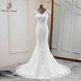 Eleganti nuovi abiti da sposa a v-collo di matrimonio Bellissimi abiti da sposa Applique sirene Vestido nodia 3187