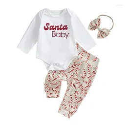 Clothing Sets 2024 0-24M Baby Girls Christmas Outfits Letter Print Long Sleeve Rompers Candy Cane Pants Headband 3pcs Fall Clothes Set