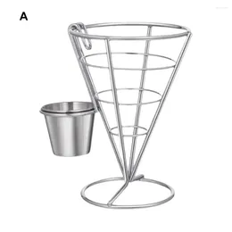 Kitchen Storage Snack Serving Basket Stainless Steel Fries Holder With Sauce Dipper Stand For Snacks Appetisers Chip Cone Restaurant