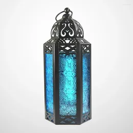 Candle Holders Morocco Style Wrought Iron Hanging Holder Decorative Storm Lantern Desktop Ornaments (Blue)