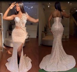 Gorgeous Pink Sequined Prom Dresses 2024 Black Girls Sexy One Shoulder Mermaid Split Evening Gowns With Corset Back BC18821