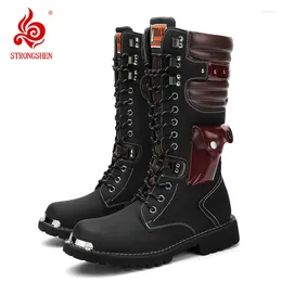 Boots STRONGSHEN Men's Leather Motorcycle Mid-calf Military Combat Hightop Casual Steel Toe Punk BootsTactical Army Boot