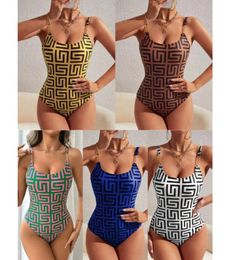 New Women's Bikini Swimwear Beach One Piece Swimsuit Designer Golden Geometric Pattern Lace up Print Off Back Sexy Multi Color Swimsuit