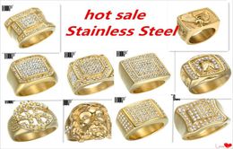 Micro Pave Rhinestone Iced Out Bling Hexagonal Ring IP Gold Filled Titanium Stainless Steel Rings for Men Jewelry1495273