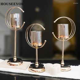 Candle Holders Nordic Light Luxury Glass Alloy Candlestick Holder Ornaments Romantic Candlelight Dinne Ice Moon