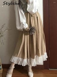 Skirts Lace Up Long Skirt Women Patchwork Elegant Vintage Pleated High Waist A Line Loose Korean Lady Maxi Autumn Winter