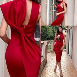 Gorgeous Dark Red Navy Blue Sheath Cocktail Dresses High Jewel Neck Satin Knee Length Homecoming Dress Party Wear with Big Bow Custom M 200S