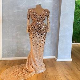 Sparkly Crystal Beaded Long Sleeves Mermaid Evening Dresses Luxury Gold Prom Dress Formal Party Pageant Gown 346L