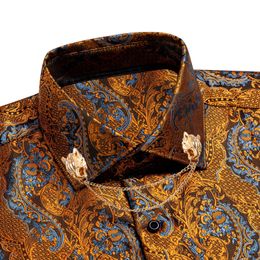 Luxury Mens Silk Shirt Gold Blue Long Sleeve Slim Fit Paisley Red Beige Burgundy Pink Purple Gray Shirt Male Party Gifts Hi-Tie 240511