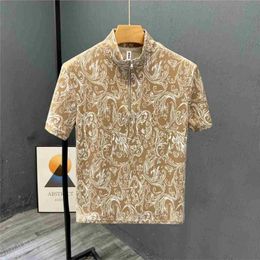 Mens round neck zippered short sleeved T-shirt summer fashionable geometric print thin contrast Colour zippered casual top 240511
