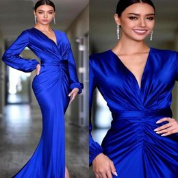 Elegant Royal Blue Evening Dresses 2021 Deep V Neck long sleeve Mermaid arabic celebrity Prom Dress for Women Party robe de soiree mari 256Q
