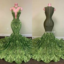 Sexy Olive Green Mermaid African Prom Dresses 2020 Sequined Black Girls Evening Dress Party Wear Formal Gowns 244Y