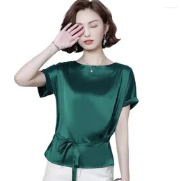 Women's Blouses Women Fashion Casual Lace Up Artificial Silk Blouse Plus Size Office Lady Elegant Raglan Sleeve Acetate Satin Shirts Blusas