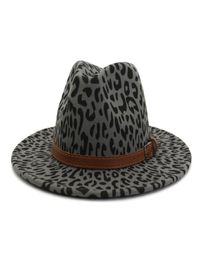 Trendy Big Unisex Flat Brim Wool Felt Jazz Fedora Hat Winter Autumn Leopard Print Wide Brim Formal Top Cap for Party5089971