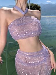 Work Dresses Fashionable Vacation Sexy Two-Piece Women's Clothing 2024Summer Purple Sequin Strapless Top Split Half Skirt Slimming Travel