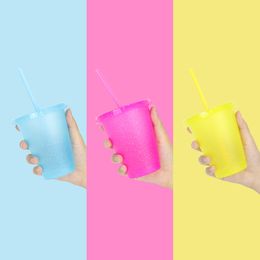 Tea Milk Beer PP pack of 5 Multi Coloured BPA free 16oz summer reusable ice cold glitter Acrylic Plastic cup with straws and lids for cold water drinks