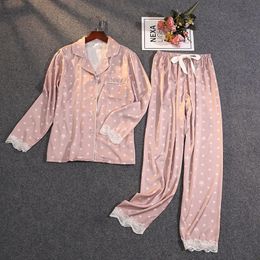 Lisacmvpnel womens summer two-piece Pyjamas ice silk satin thin jacket printed lace Pyjamas 240511