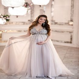 New Fashion Maternity A Line Prom Dresses Beaded Sequins Spaghetti Straps Floor Length Pleats Tulle Pregnant Formal Dress Evening Party 318r