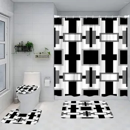 Shower Curtains Creative Geometric Curtain Bath Mat Set Black Grey Square Design Modern Simple Bathroom Decor Non-Slip Rug Toilet Lid