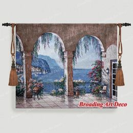 Tapestries Mediterranean Arch Landscape Tapestry Wall Hanging Jacquard Weave Gobelin Home Textile Art Decoration Cotton Size 70x84cm