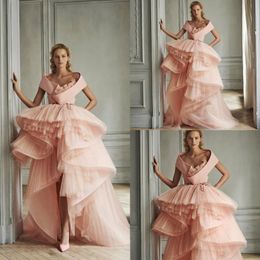 2020 Azzi&Osta Pink Prom Dresses A Line Ruffles Sweep Train High Low Designer Evening Dress Tiered Skirts Cocktail Party Gowns 276b