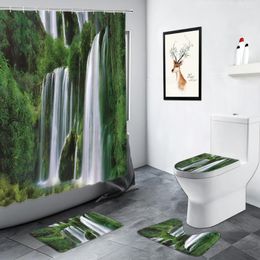 Shower Curtains Spring Waterfall Landscape Forest Green Plants Water Natural Scenery Bathroom Decor Rug Non-slip Toilet Mats Set