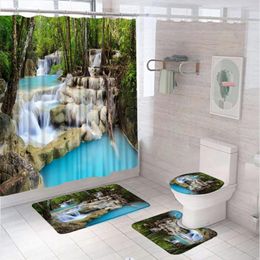Shower Curtains 4Pcs Waterfall Forest Waterproof Curtain Set Scenery Blue Lake Tree Fabric Bathroom Screen With Rug Toilet Cover Bath Mat