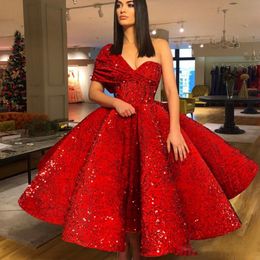 Red One Shoulder Sequined Prom Dresses Ruched Tea Length Evening Gowns Zipper Back Cocktail Formal Party Dress Cheap Vestidos 297m