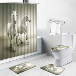Shower Curtains 3D Running Horse Farm Animal Print Curtain Flannel Toilet Lid Cover Mat Bathroom Set Kitchen Carpet Non-Slip Rug