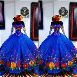 2022 Vintage Royal Blue Mexican Sweet 16 Dresses Charro Flower Embroidered Satin Off The Shoulder Quinceanera Dress Illusion Long Sleev 307j