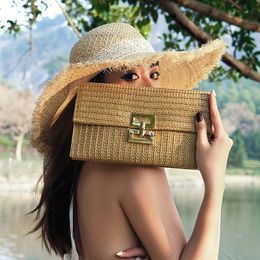 fashion metal lock straw clutch bag for women casual paper woven beach bags summer party purses 240510