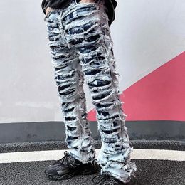 Men Distressed Denim Jeans Streetstyle Vintage Stacked Fit Stylish Skinny Fit Flared Ripped Pants Casual Fashion Winter Clothing 240511