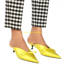 Slippers Kitten Heel Satin Mules Shoes Sexy Pointed Toe Slip On Yellow Solid Medium Fashion Women