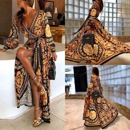 Ladies Women Elegant Sexy Long Sleeve Ethnic Style Boho Print V Neck High Waist Party Beach Holiday Casual Split Maxi Dress 240512