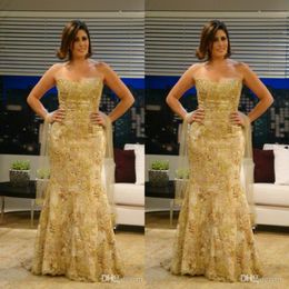 2020 Plus Size Prom Dresses Strapless Gold Lace Appliqued Sequins Long Evening Gown Ruffle Custom Made Mermaid Formal Party Gowns 232j