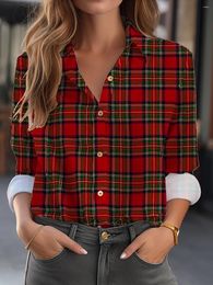 Women's Blouses 2024 Fashion Shirts & Red Vintage Cheque Print Button Long Sleeve Casual Shirt Collar Fit Spring Fall Tops 5XL