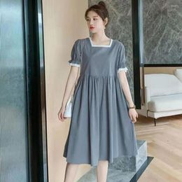 Casual Dresses Summer Midi Dress Contrast Colour Shirring Pleated A-line Big Hem Dress-up Short Sleeves Square Neck Women Female Clothes