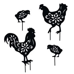 YEAHOME - Outdoor Black Rooster Silhouette Stake Suitable for Courtyard and Garden Spring Decoration -4-piece Set of Metal Animal Stakes