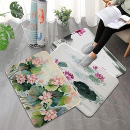 Carpets Lotus Chinese Painting Art Printed Flannel Floor Mat Bathroom Decor Carpet Non-Slip For Living Room Kitchen Welcome Doormat Rug