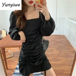 Casual Dresses Dress Women Long Sleeve Solid Young Square Collar Summer Pleated Sexy Womens Mini Elegant Sweet