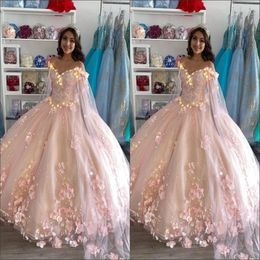 Romantic Blush Pink Embroidered Quinceanera Dresses 2021 Ball gown with Cape Robe 3D Floral Flowers Beaded Long Ruffled Sweet 15 Prom E 2665
